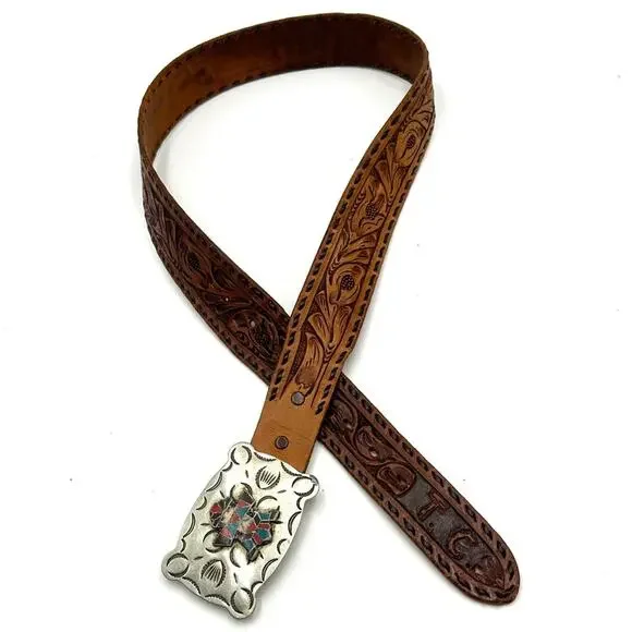 VTG -FRONTIER BUCKLE Native American vintage 70s Zuni Multi-Inlay Knifewing belt - Picture 3 of 14